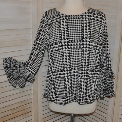 Top Pullover Para Mujer Alfani Manga 3/4 Volantes Pata de Gallo Blanco y Negro Talla L Foto 1 de 4