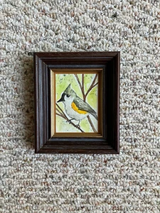 Neu Orig Miniatur ACEO Aquarell Gemälde; getufteter Meisenvogel; Vintage Holzrahmen - Bild 1 von 11