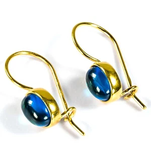 925 Solid Gold Plated Sterling Silver Blue Amber Oval Nice French Wire Earrings - Picture 1 of 5