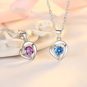 Damen Halskette Sterling Silber 925 Zirkon Herz Anhänger Kette Frauen Geschenk - Bild 1 von 8