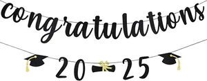 Congratulations 2025 Banner Black Glitter, Congratulations Graduation Banner Bla - Picture 1 of 12