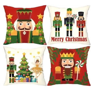 Christmas Cushion Pillow Covers Set of 4 Xmas Tree Cartoon Nutcracker 18 x 18in - Picture 1 of 3