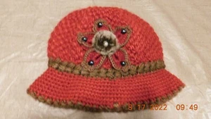 Crochet Bucket Burgundy  Cloche Hat with Brown Flowers With Bead Accents - Picture 1 of 4