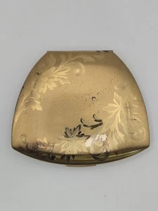 Vintage Elgin American Gold Tone Powder Compact Etched Floral No Puff - Picture 1 of 12