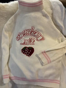LG Strawberry Fruit MILK Pullover White Sweater Turtle Neck pink Stripes Womens - Picture 1 of 6