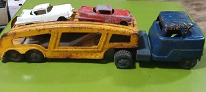 Vntg. Pressed Steel Structo Tractor And Trailer Car Hauler & 2 Cadillacs 1950s. - Picture 1 of 14