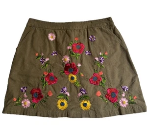 Topshop Olive Floral Embroidered A-Line Mini Skirt US10 Cotton Twill Boho - Picture 1 of 17