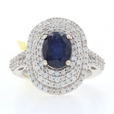 Silver Glass Filled Sapphire & White Zircon Halo Ring - 925 Oval Cut 7.00ctw - Image 1 of 4