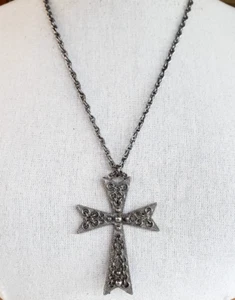 Vintage Link Textured Silver Tone Cross Pendant Rope Chain Necklace 23" - Picture 1 of 5