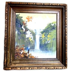 Vintage Old Picture Art Hand Painted Oil Painting Trees Waterfall Land Escape14" - Picture 1 of 6