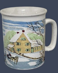Vintage Stoneware Coffee Mug with Barn, Farmhouse and Horse-Drawn Sleighs Scene - Picture 1 of 10