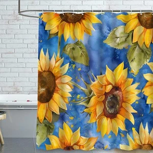 Watercolor Sunflower Shower Curtain Washable Fabric Decor with Hooks 72"x72" - Picture 1 of 6