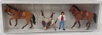 PREISER NUEVO #10501 HO Escala 1/87 Juego de 2 Caballos Ensillados con Jinetes y Entrenador Foto 1 de 2