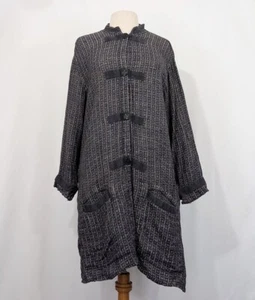 Flax Tunic Jacket Topper Gray White Woven Linen Top Misses Size L - Picture 1 of 7