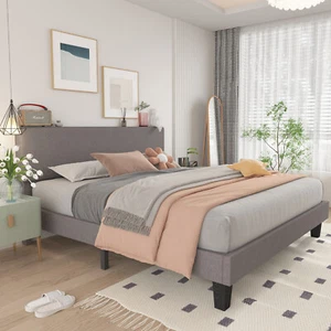 Upholstered Bed Frame Full Queen King with Adjustable Linen Fabric Headboard - Picture 1 of 8
