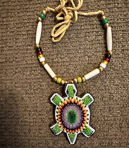 Nativo Americano~Sioux~Lakota~Cuentas~Tortuga~Amuleto~Collar~Étnico~Cuero~Hueso - Imagen 1 de 1
