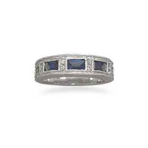 Anillo banda circonita cúbica azul vintage aspecto antiguo plata de ley - Imagen 1 de 1