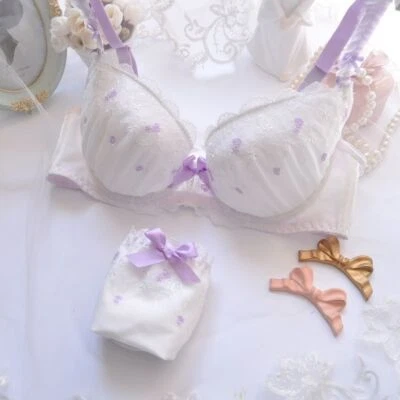 Women's Bra Delicate Embroidery Thin Cup Girl Cute Push-up Underwear Panties - Image 1 of 4