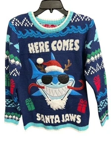 Christmas Sweater Boys Large 33 Degrees Blue Shark Holiday Here Comes Santa Jaws - Picture 1 of 5