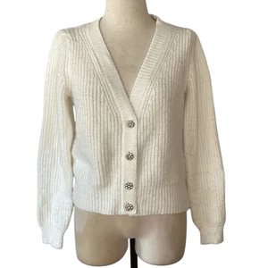 White House Black Market Rhinestone Buttons Cream Cardigan Sweater M - Picture 1 of 8