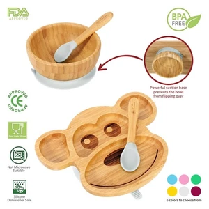 VINSANI Bamboo Kids Plate, Bowl & Spoon Set - 4-Section Suction Dining Solution - Picture 1 of 16