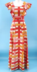 Vintage Damen 70er Jahre orange & gelb Patchwork Stil kariert Maxikleid Gr. S/M 1970s - Bild 1 von 15