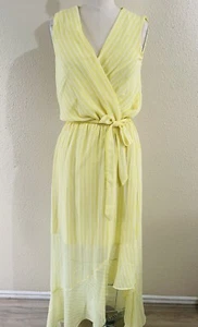 New York & Co Yellow Striped Maxi HiLo Faux Wrap Lined Dress Size XS - Picture 1 of 12
