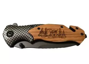 Handgefertigtes Hirsch in den Bäumen graviert 8" Klinge klappbares Taschenmesser maßgeschneidertes Design - Bild 1 von 9
