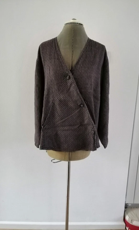 Flax by Jeanne Engelhart Blazer Women Size L Pure Linen Brown Check Vintage - Image 1 of 4