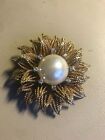Vintage Schrager Large Faux Pearl Clear Rhinestone Goldtone Sunflower Brooch VGC