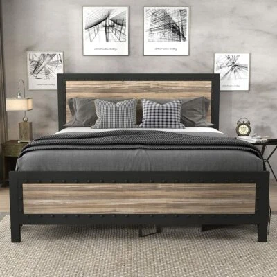 LOV4EVER Heavy Duty Metal Bed Frame Queen Size / Wooden Headboard Footboard with Rivet