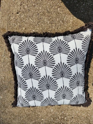 Cynthia Rowley Grey and White Palm Design Pillow w/ Fringe - Image 1 of 2