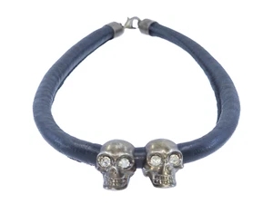 VTG ALEXANDER McQUEEN CRYSTAL JEWELED SKULL + BLACK LEATHER CHOKER NECKLACE - Picture 1 of 19