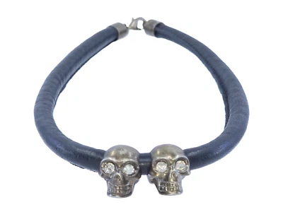 COLAR GARGANTILHA DE COURO PRETO VINTAGE ALEXANDER McQUEEN CRÂNIO DE JOIAS CRISTAL + - Imagem 1 de 4