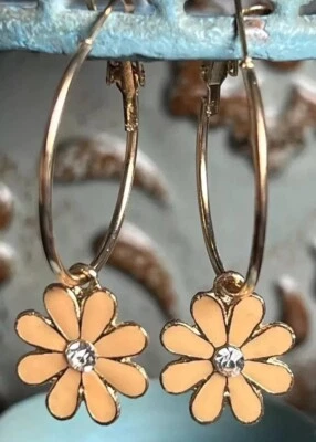 Beautiful Pale Orange Flowers with Rhinestone Dangle Gold Hoop Earrings. - Image 1 of 3