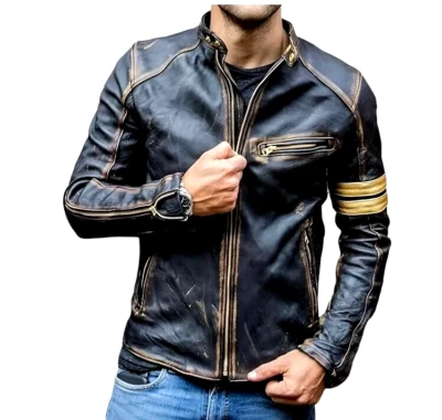 Men's Motorcycle Biker Leather Jacket Distressed Café Racer Genuine Lambskin - Image 1 of 4