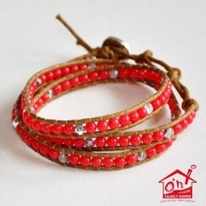 3 Wickel Freundschaftsarmband Lederkordel Halbedelstein Perlen - Bild 1 von 3