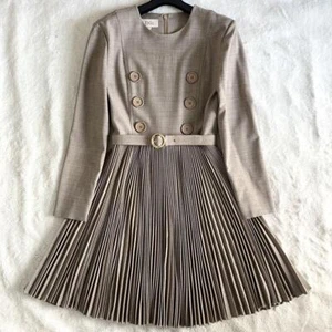 Christian Dior Miss Dior Wool Vtg Longsleeve Belted Pleated Skirt Dress M Beige - Picture 1 of 24