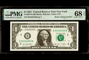 2021 $1 Dollar True Radar Serial Number B25222252B FRN PMG 68 EPQ Superb Top Pop - Picture 1 of 3