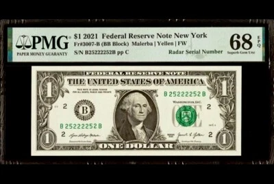 2021 $1 Dollar True Radar Serial Number B25222252B FRN PMG 68 EPQ Superb Top Pop - Image 1 of 3