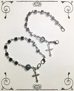 Handarbeit 2er Set Unisex Zwillinge echt Hämatit Würfel Rosenkranz Armband Silber - Bild 1 von 7