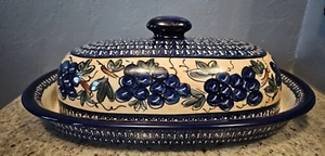 Rare Blue Rose Polish Pottery Grapes Bread Container-New, Never Used Set - Picture 1 of 15
