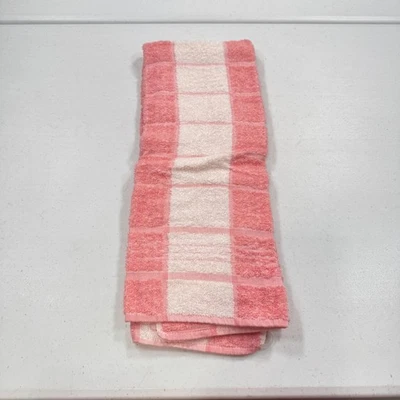 vintage hand towel pink stripes checkered cotton rectangle mcm usa - Image 1 of 4