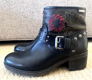 PIKOLINOS Lyon Ankle Boots Sz EU 38 Black Leather Embroidered Studded Heel - Picture 1 of 13