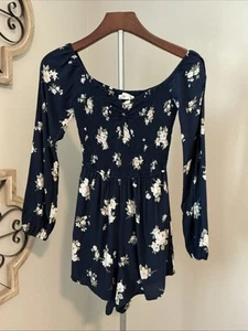 HOLLISTER Romper XS Blue Floral Smocked Boho Pockets Prairie - Picture 1 of 11
