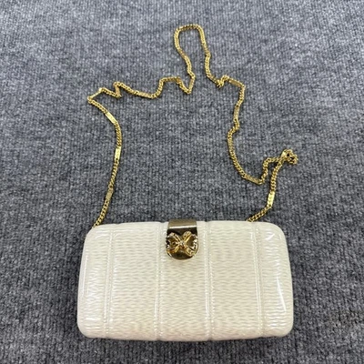 Vintage 1950s Lisette Italy Lucite Box Clutch – White Pearlized Purse w/Gold Bow - Image 1 of 4