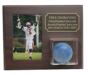 Lacrosse Ball and 4" X 6" Photo Display Case Wall - Desk Plaque - Cherry Finish - Picture 1 of 5