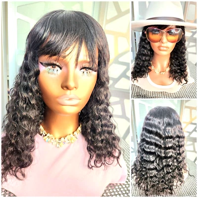 100% Human Hair Wig Curly Black Wig Bangs Virgin Remy Wig Black wavy Wig Realwig - Image 1 of 4