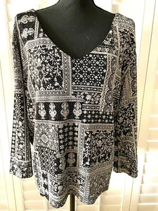 J.B.S. LTD. BLOUSE SIZE 3X BLACK/SILVER SPARKLE FLORAL/PAISLEY PRINT MADE IN USA - Picture 1 of 6