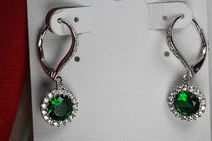 Nickel Free Dark Green Leverback Sterling 925 Silver Halo Flower Dangle Earrings - Picture 1 of 3